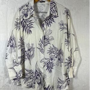 MOTF Button Up 4XL White Purple Floral Linen Blend Long Sleeve